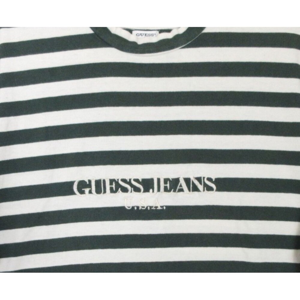 VTG Guess Jeans T-Shirt Mens M Green White Stripe Embroidered Logo Crew Neck - Picture 2 of 7